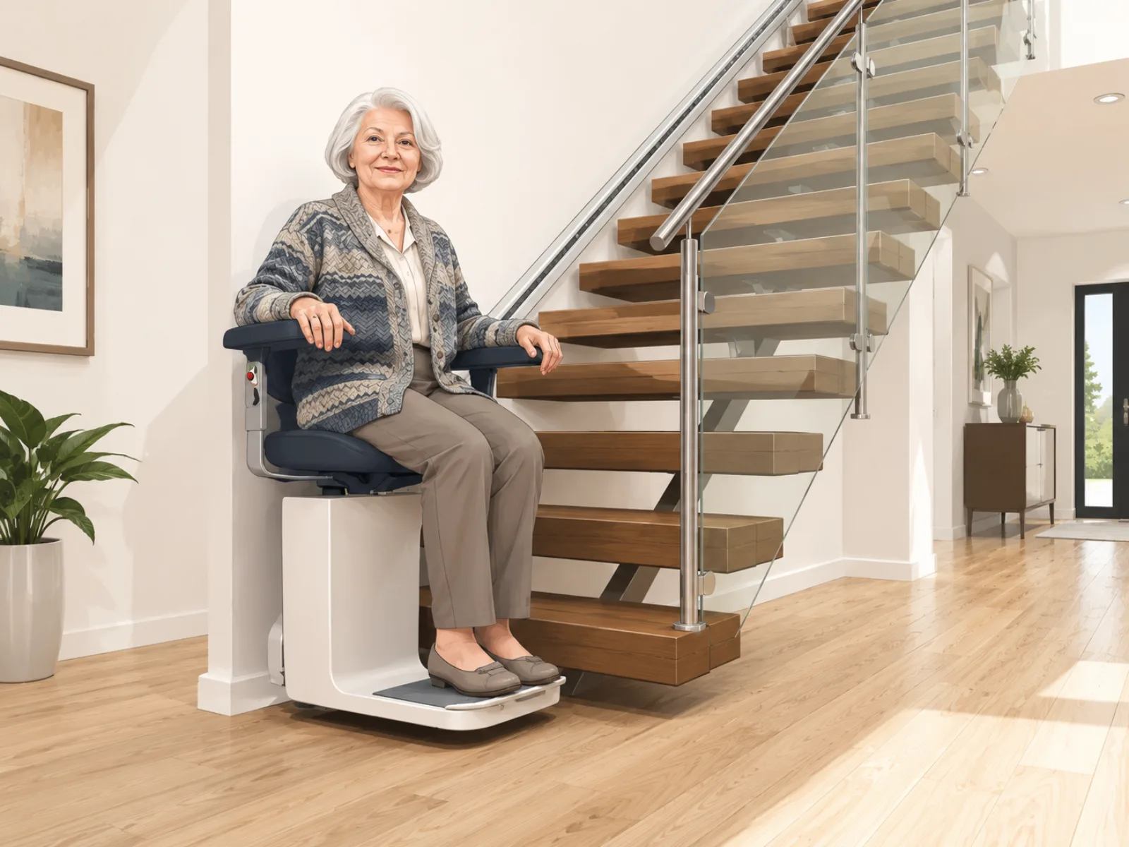 Monte-escalier droit installé sur un escalier rectiligne
