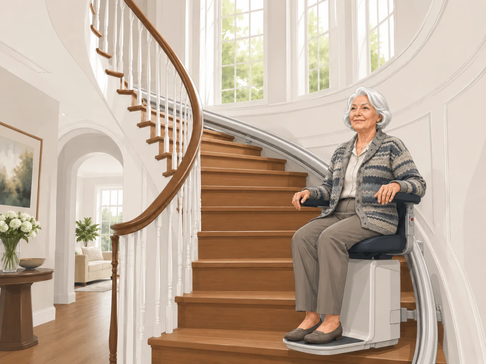 Monte-escalier sur un escalier tournant avec rail courbe